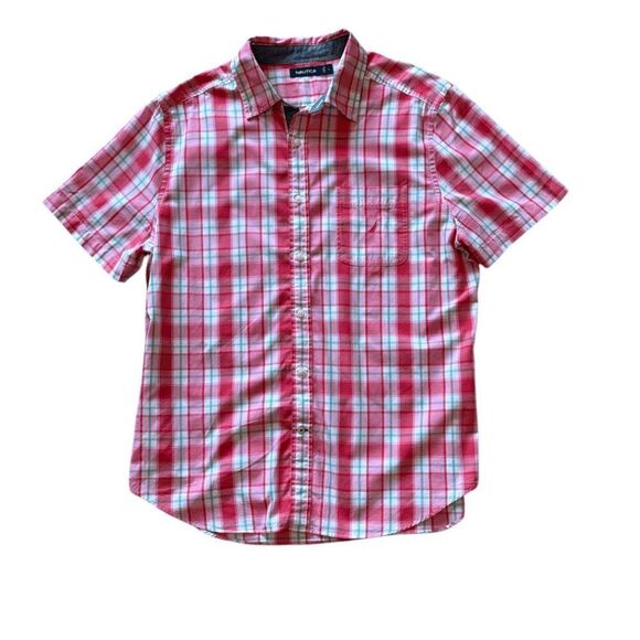Mens Salmon Plaid Nautica 100% Cotton Short Sleeved Button Down Shirt Size Large - Picture 1 of 7